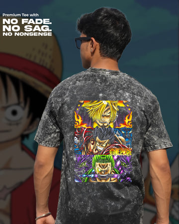 One Piece X Trio Force T-Shirt | Unisex Acid Wash Regular Fit | Anime Tee | 100% Cotton